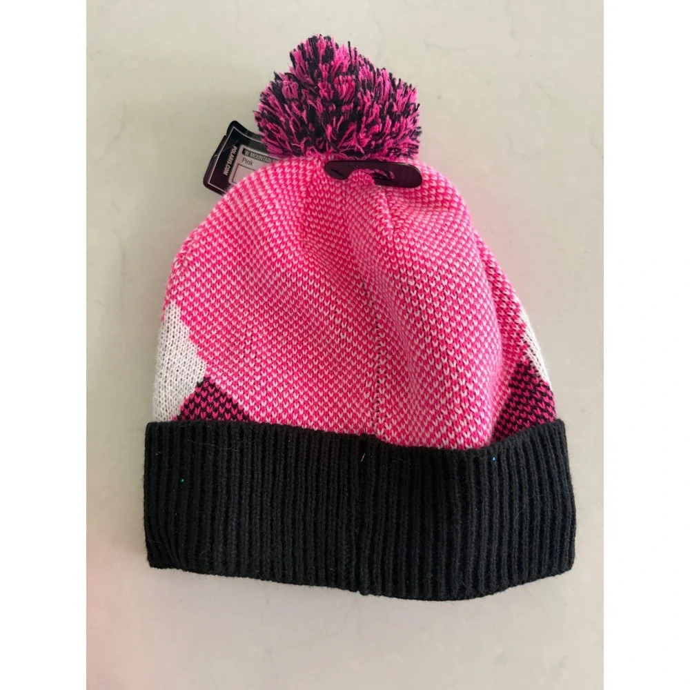 Polaris Pink Black Mountain‎ Beanie Knit Hat Fleece Lined Pom Pom OS NWT